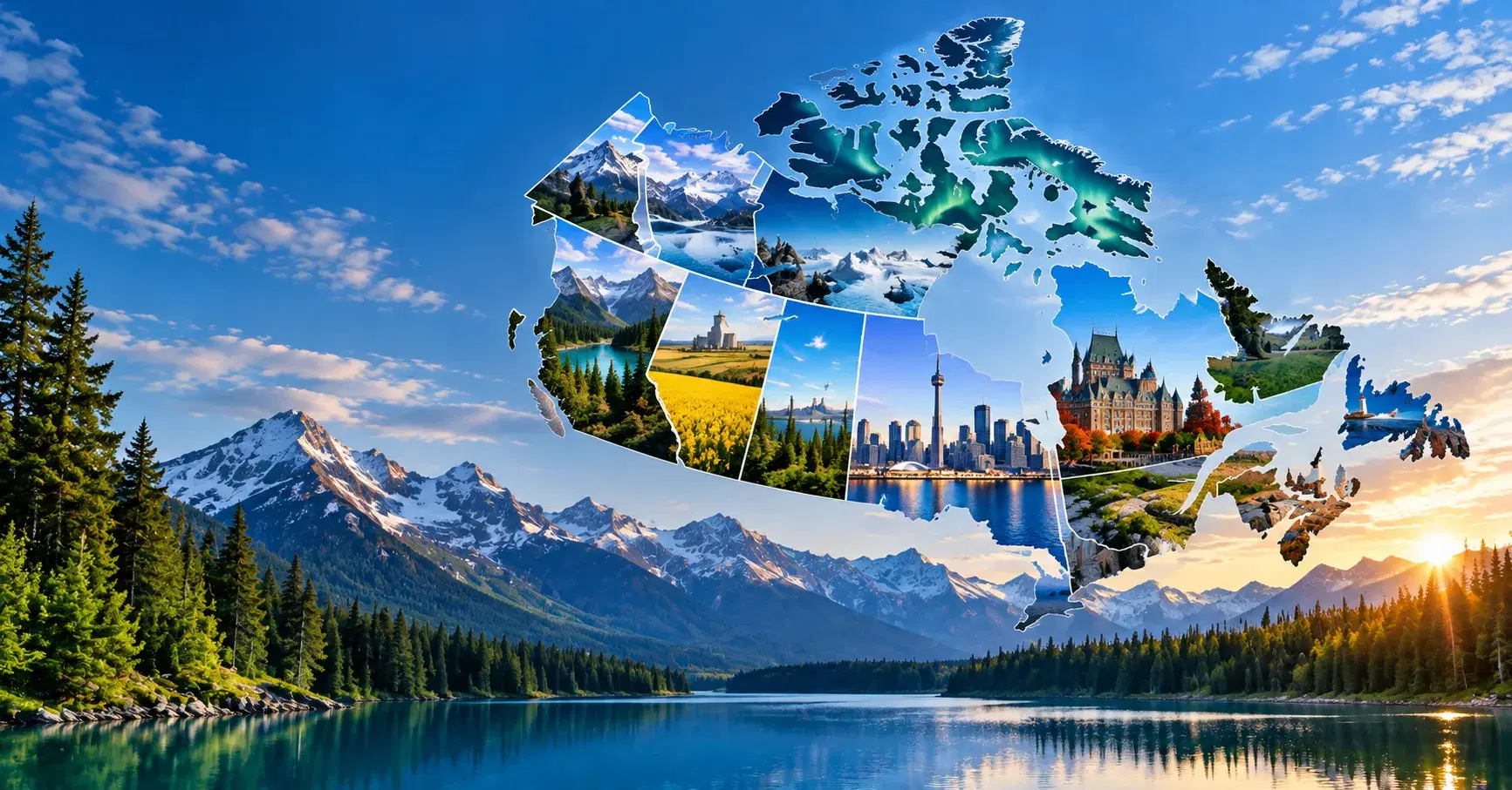A map of Canada filled with regional photography, above a mountain lake at sunrise.