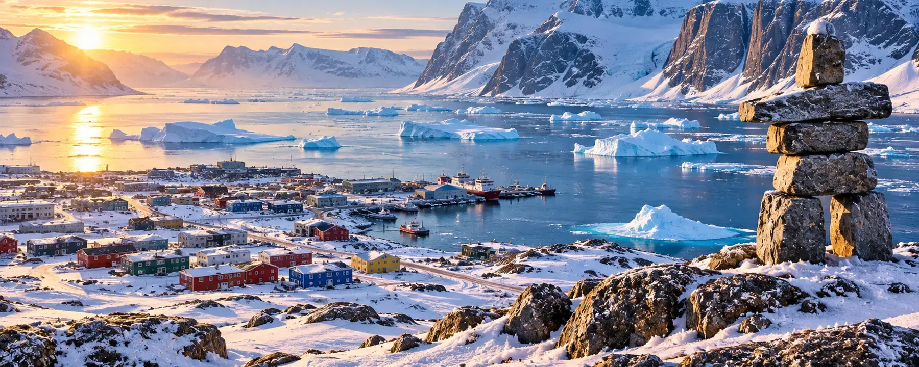 A snow-covered northern coastal community at low sun, with icebergs offshore.
