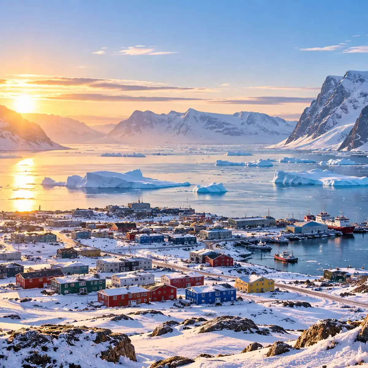 A snow-covered northern coastal community at low sun, with icebergs offshore.