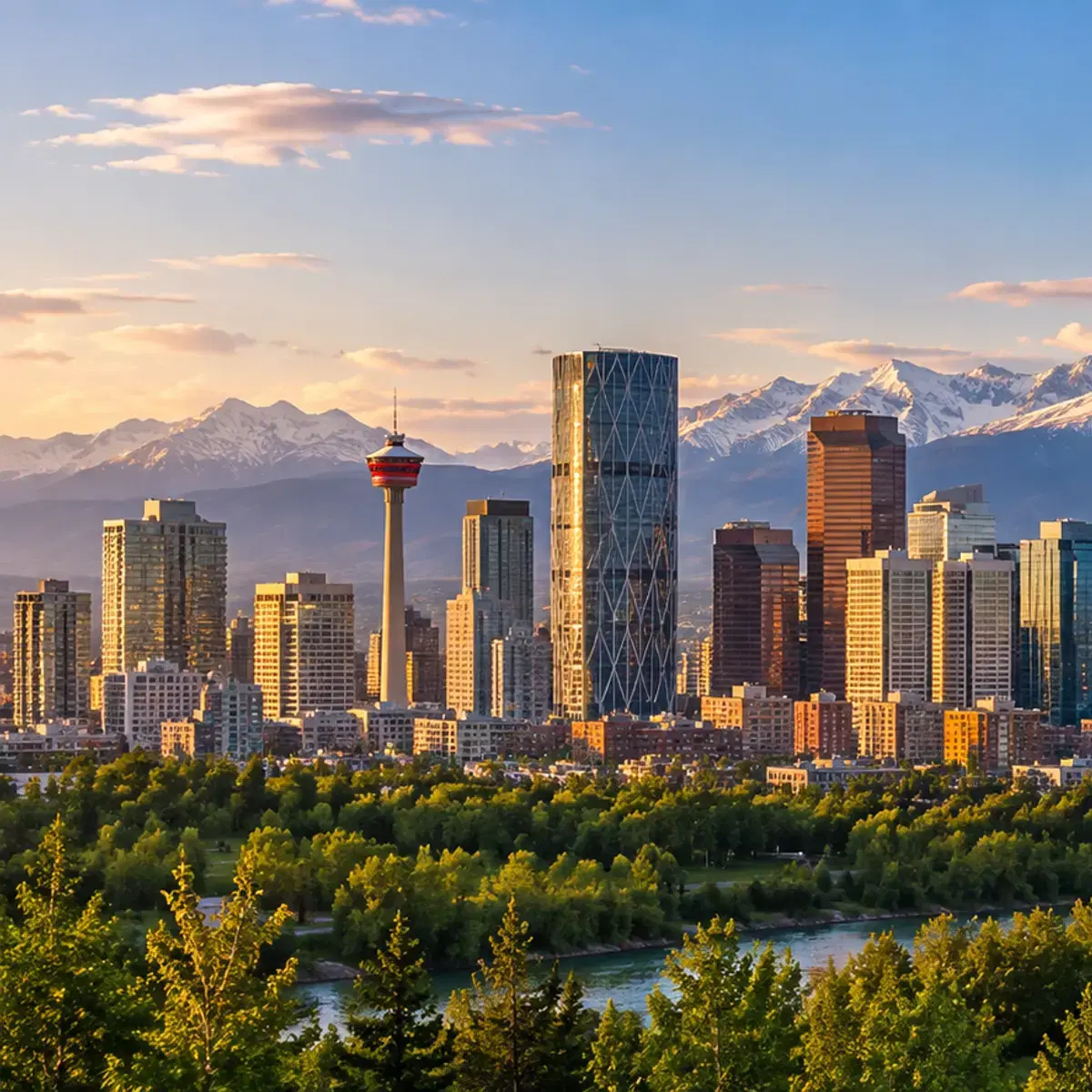 A city skyline at sunset with snow-capped mountains behind it and a river in front.