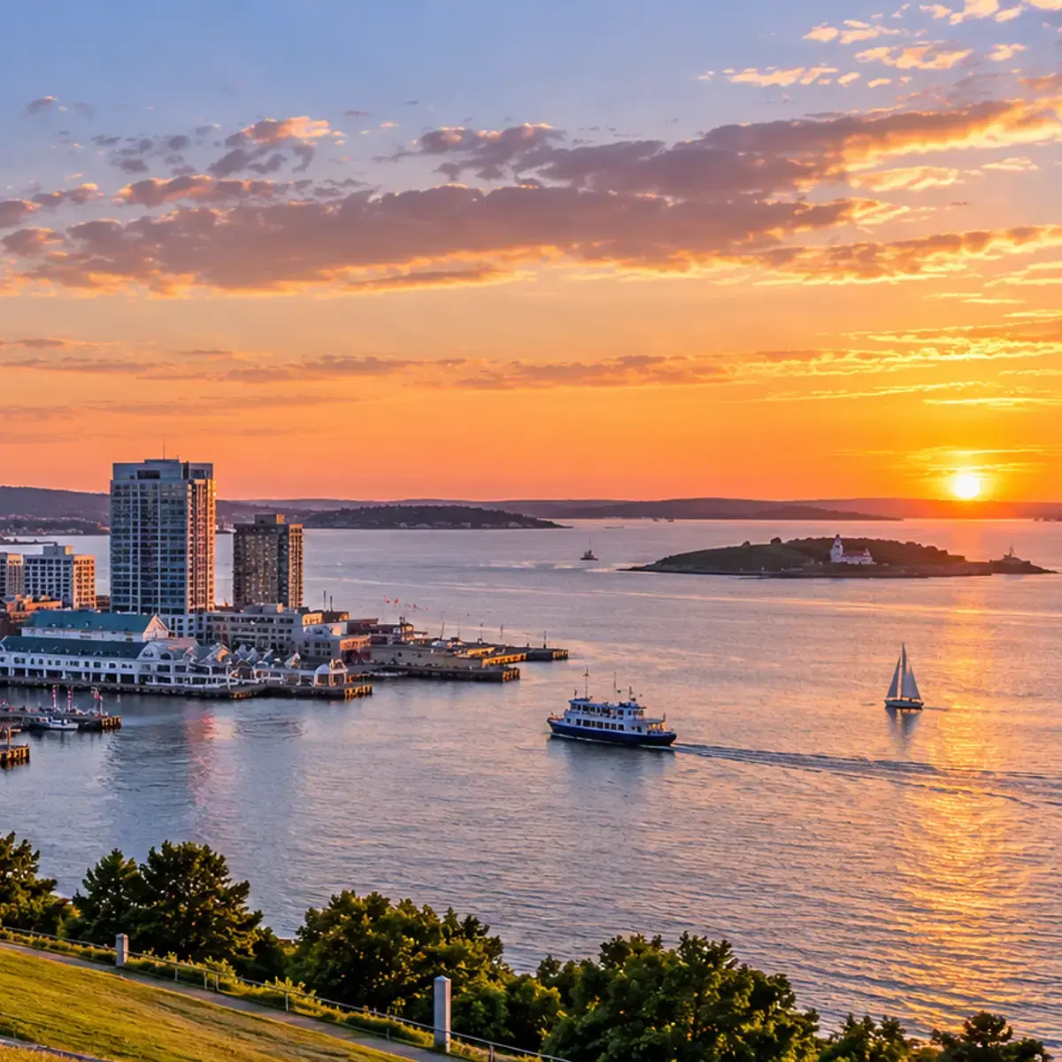 An Atlantic harbour at sunset, with a passenger ferry crossing and an island beyond.