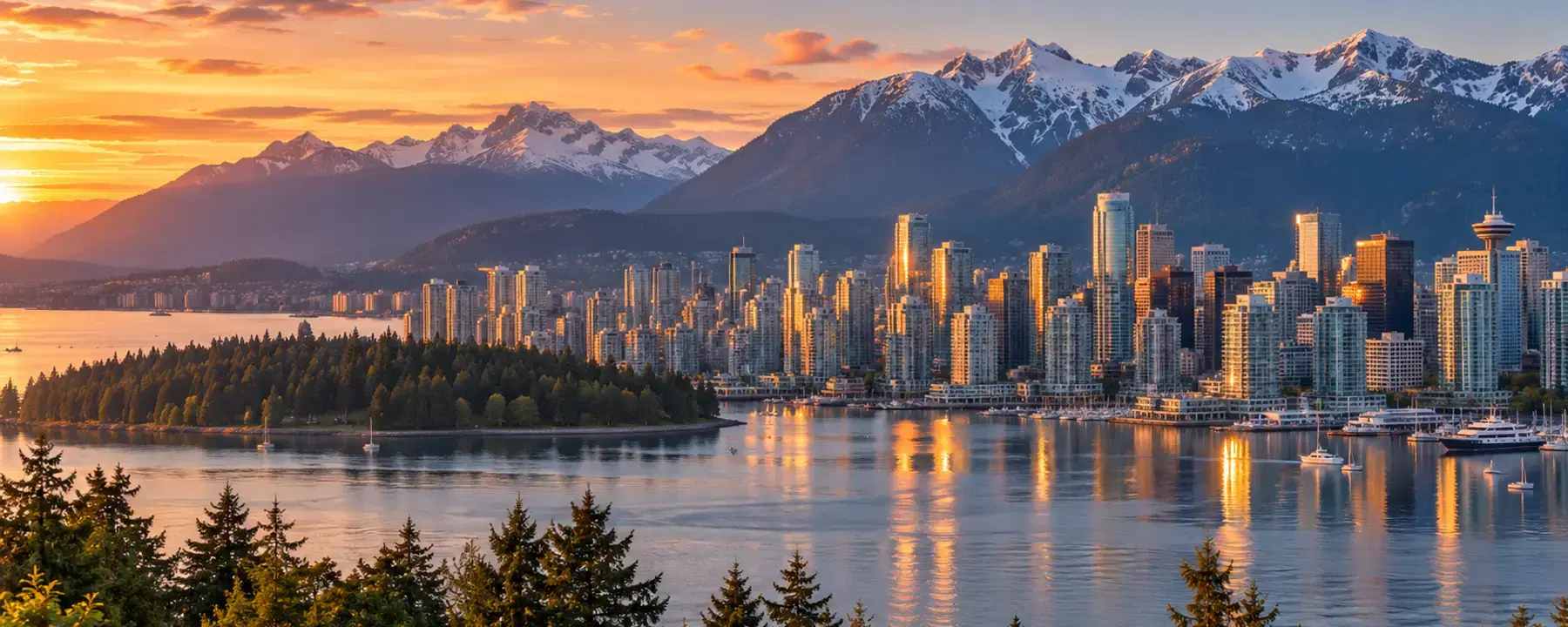 A coastal city skyline at sunset, with a forested peninsula and snow-capped mountains behind.
