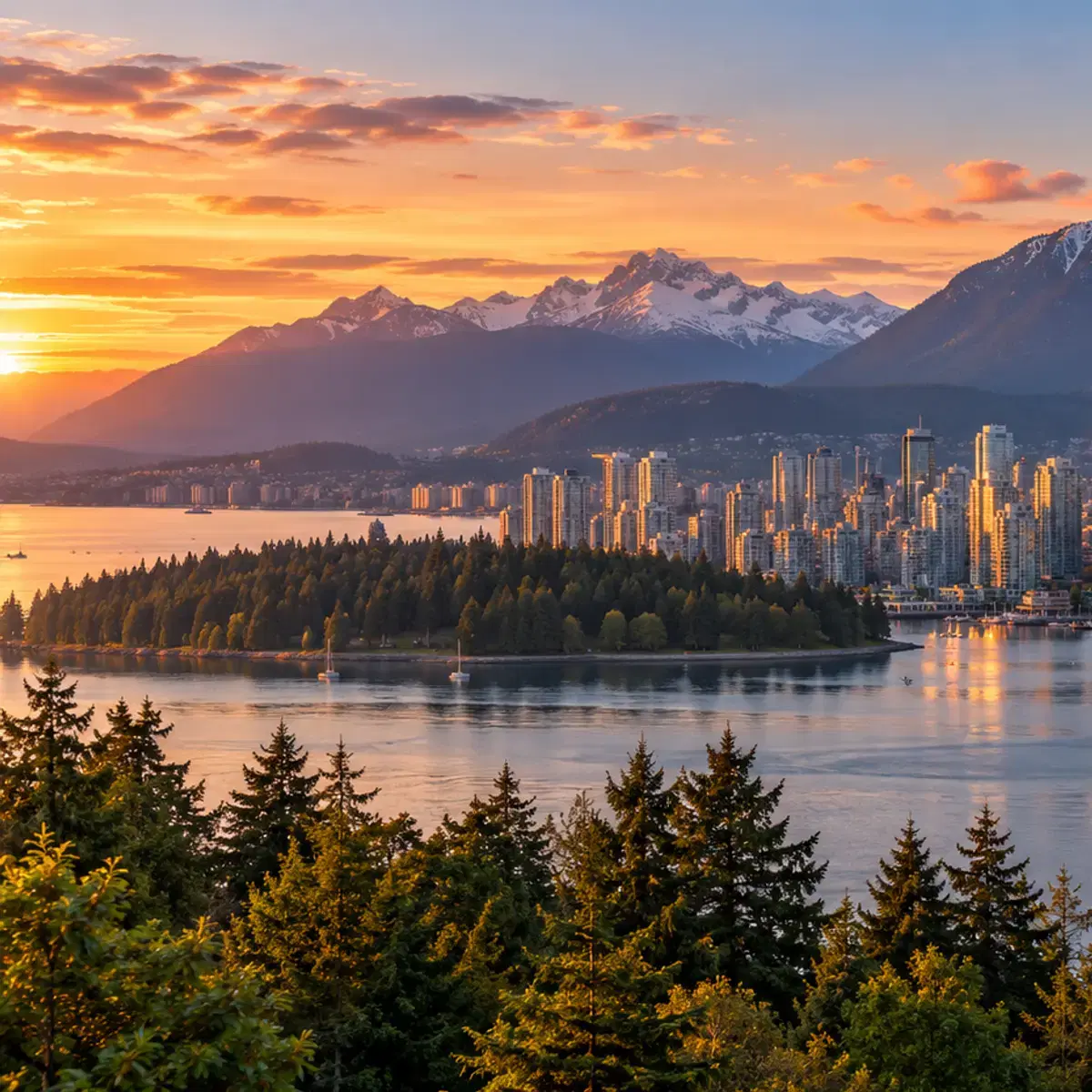 A coastal city skyline at sunset, with a forested peninsula and snow-capped mountains behind.