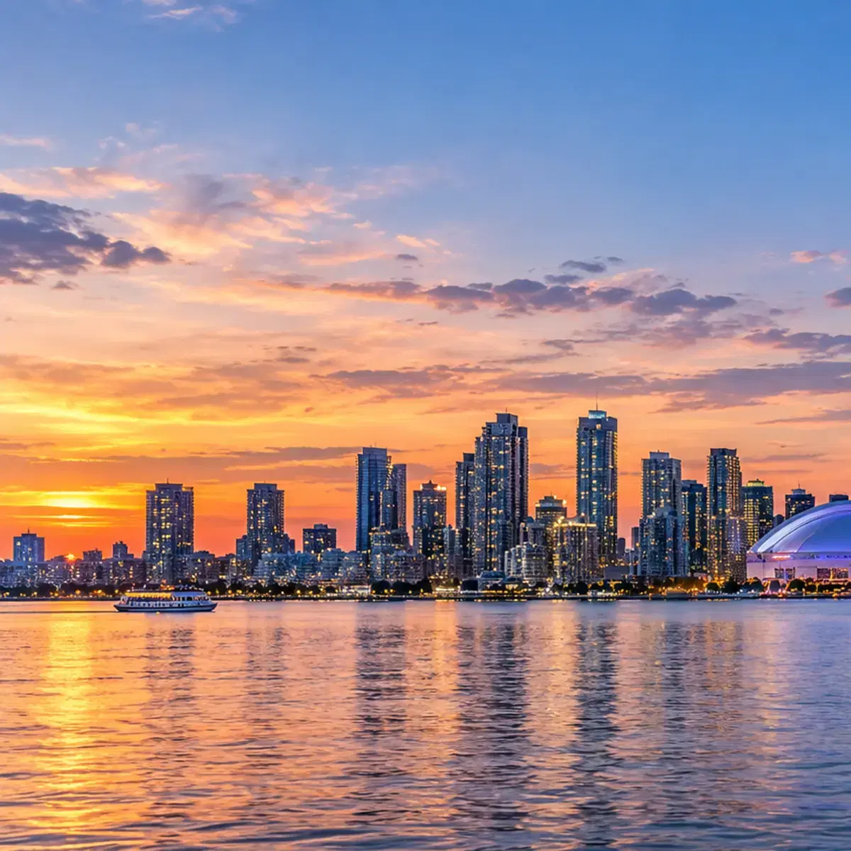 A city skyline at sunset across open water, with a domed stadium at the right.